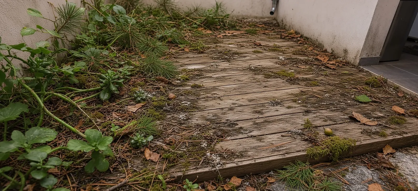 Terrasse bois négligée, grisée et envahie de mousse avant rénovation