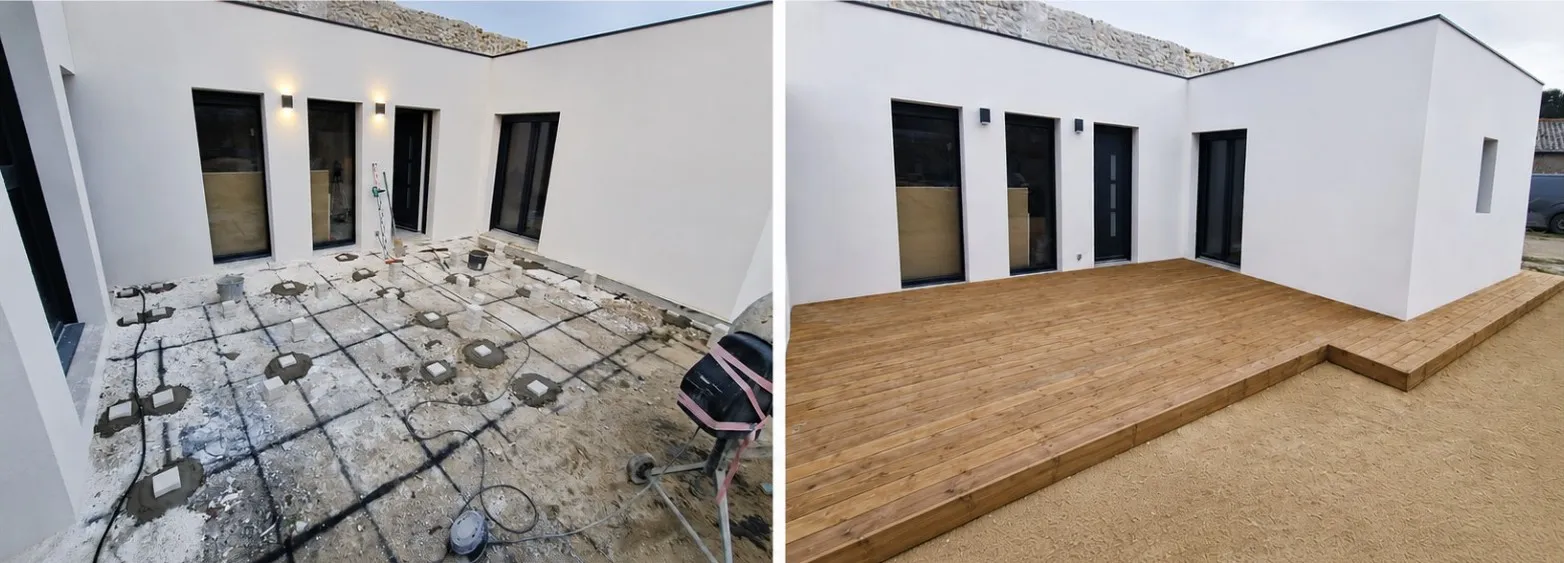Chantier d'une terrasse bois : à gauche la préparation sur plots réglables, à droite la terrasse en pin terminée