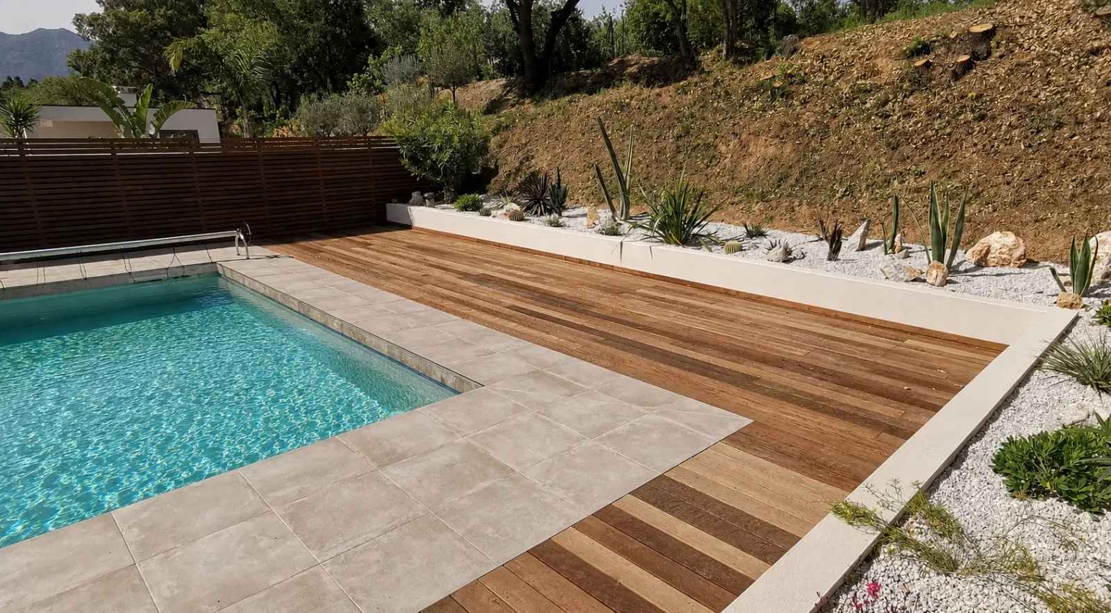 Plage de piscine en itauba avec vue sur les collines provençales