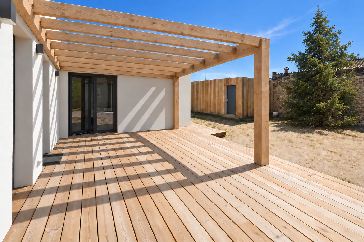 Pergola bois adossée sur une terrasse en bois clair, réalisée par Blackwood Deck dans le Pays d'Aix