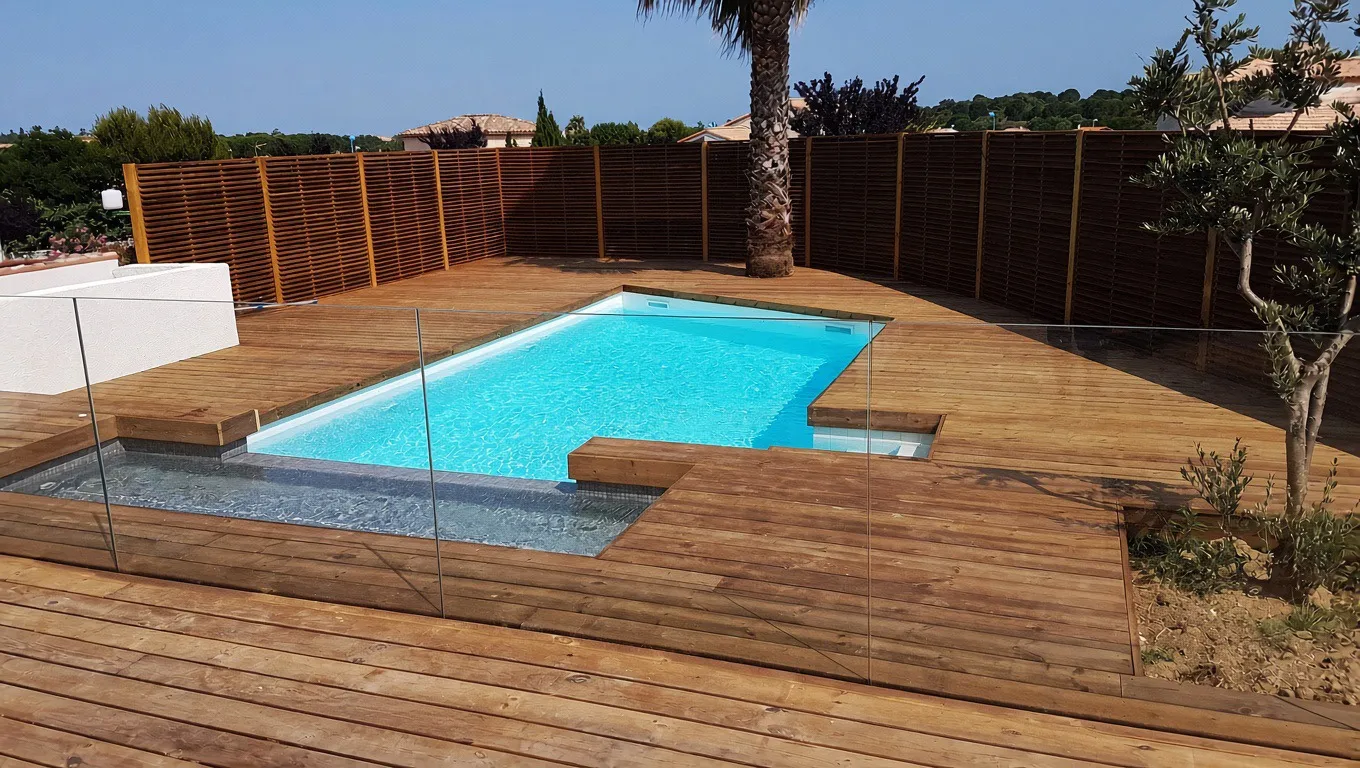 Détail d'une terrasse en pin du Nord thermotraité