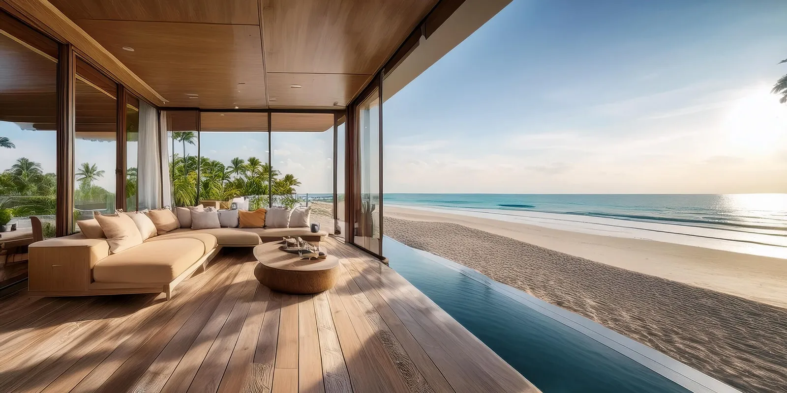 Plage de piscine en bois avec terrasse et transats