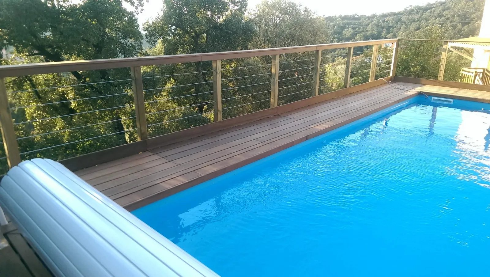 Plage de piscine en pin traité avec palmier