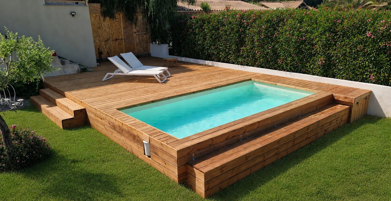 Plage de piscine en bois avec margelle bois surélevée et transats, réalisée par Blackwood Deck dans le Pays d'Aix