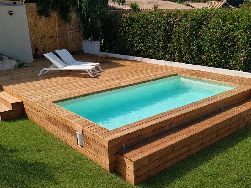 Plage de piscine en pin avec margelle bois surélevée et transats