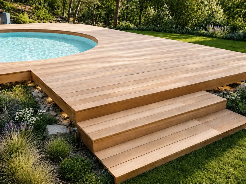 Plage de piscine ronde en bois avec emmarchement et jardin paysager